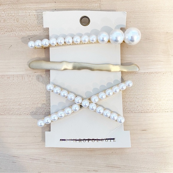 Anthropologie Gold and Pearl Hair Barrette Set of 3 NWT - Picture 1 of 4